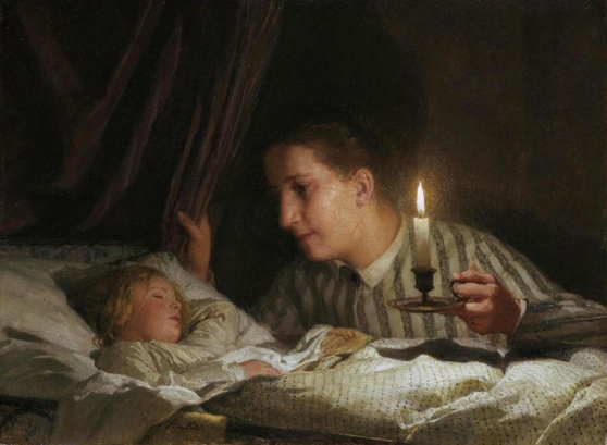 Young Mother Watching Her Sleeping Child By The Candlelight by Albert Anker